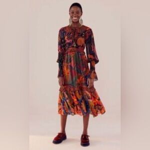 FARM Rio Mixed Leopard Jungle Long Sleeve Floral Midi Dress